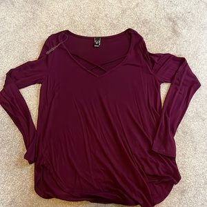 Dark maroon long sleeve front criss cross v-neck